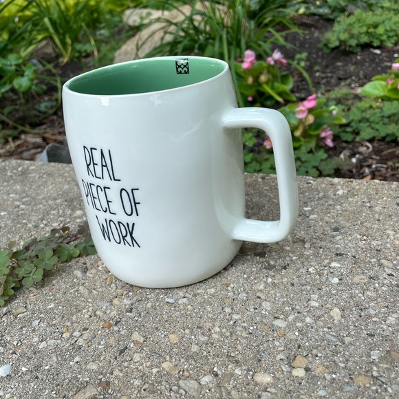 MARY SQUARE NWT ceramic mug “real piece of work” green interior black embossed - Picture 5 of 7